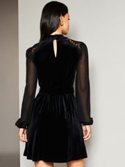 Lipsy Black Velvet Long Sleeve Keyhole Belted Mini Dress - Image 2 of 4