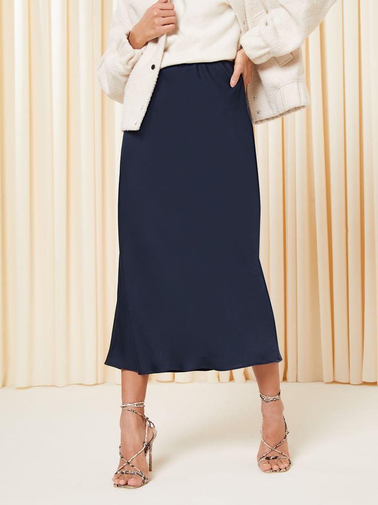 Friends Like These Navy Blue Satin Bias Midi Skirt - Image 1 of 4 Friends Like These Navy Blue Satin Bias Midi Skirt - Image 1 of 4