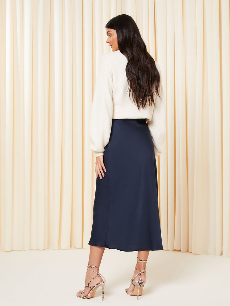 Friends Like These Navy Blue Satin Bias Midi Skirt - Image 2 of 4 Friends Like These Navy Blue Satin Bias Midi Skirt - Image 2 of 4