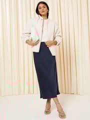 Friends Like These Navy Blue Satin Bias Midi Skirt - Image 3 of 4