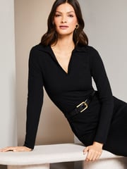 Lipsy Black Collared V Neck Rib Long Sleeve Top - Image 1 of 4