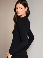 Lipsy Black Collared V Neck Rib Long Sleeve Top - Image 2 of 4