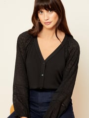 Love & Roses Black Tie Cuff Button Front Jersey Blouse - Image 1 of 4