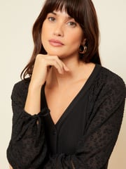Love & Roses Black Tie Cuff Button Front Jersey Blouse - Image 2 of 4