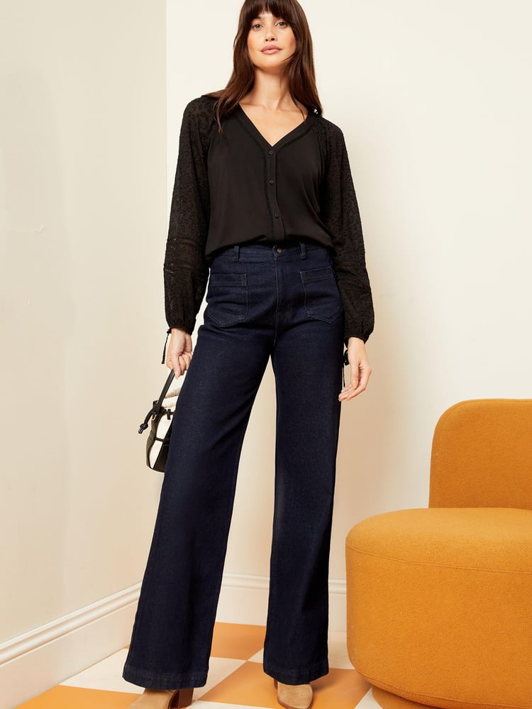 Love & Roses Black Tie Cuff Button Front Jersey Blouse - Image 4 of 4