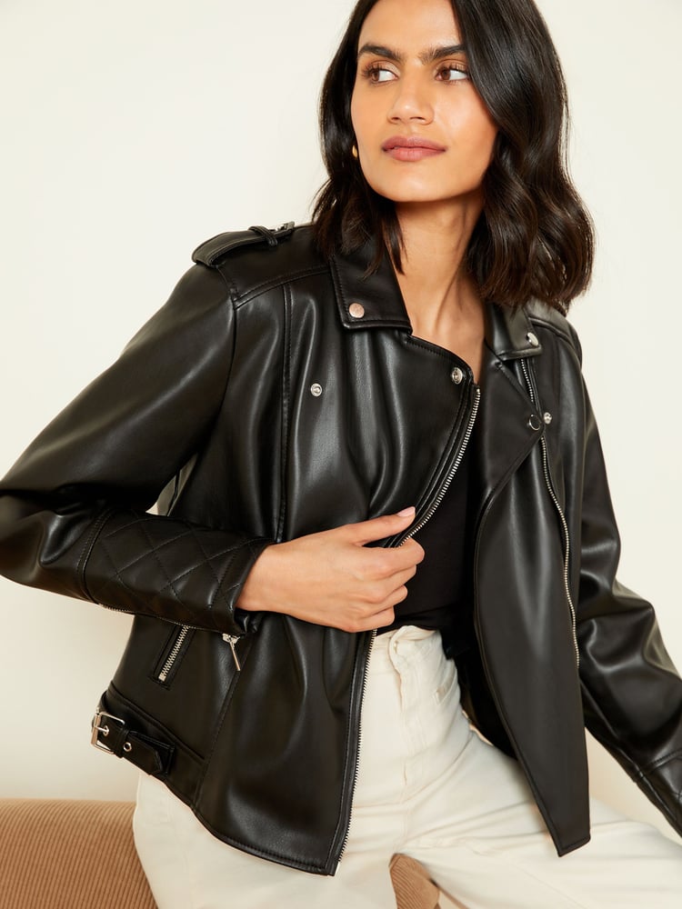 Love & Roses Black Faux Leather Buckle Biker Jacket - Image 1 of 4