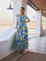 Blue/Yellow Leaf Print Tie Front Short Sleeve Maxi Dress - Image 1 of 6