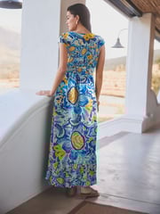Blue/Yellow Leaf Print Tie Front Short Sleeve Maxi Dress - Image 2 of 6