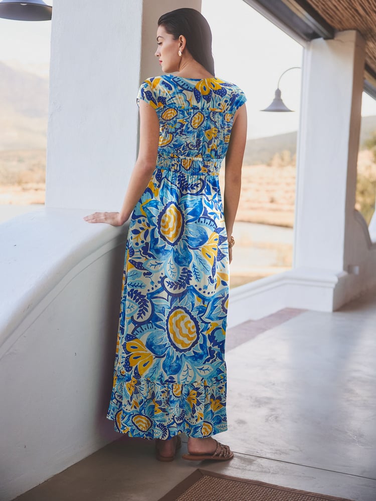 Blue/Yellow Leaf Print Tie Front Short Sleeve Maxi Dress - Image 2 of 6