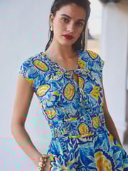 Blue/Yellow Leaf Print Tie Front Short Sleeve Maxi Dress - Image 3 of 6