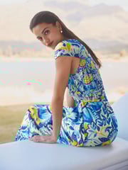Blue/Yellow Leaf Print Tie Front Short Sleeve Maxi Dress - Image 4 of 6