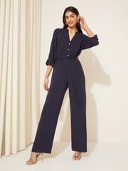 Friends Like These Navy Blue 3/4 Sleeve Belted Woven Wide Leg Jumpsuit - Image 1 of 4