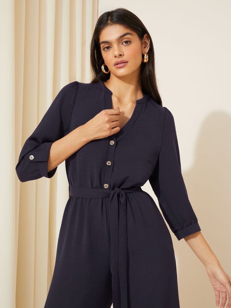 Friends Like These Navy Blue 3/4 Sleeve Belted Woven Wide Leg Jumpsuit - Image 2 of 4