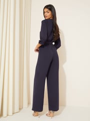 Friends Like These Navy Blue 3/4 Sleeve Belted Woven Wide Leg Jumpsuit - Image 4 of 4