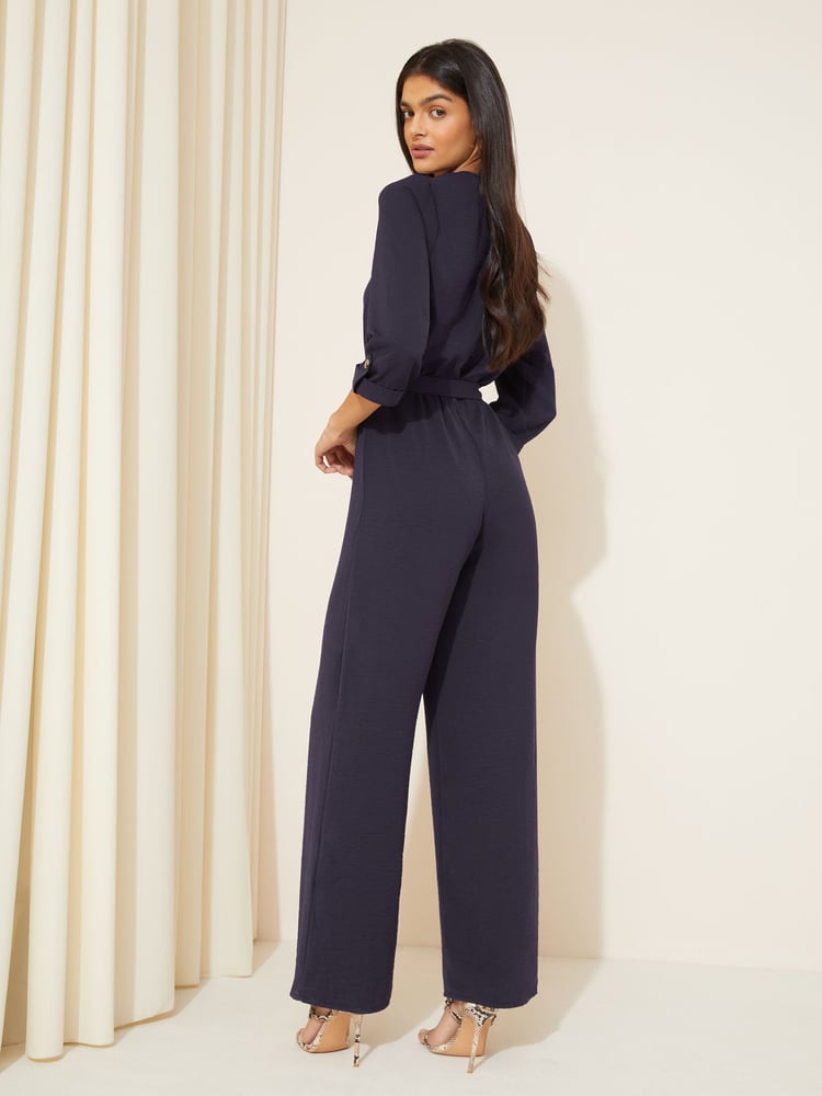 Friends Like These Navy Blue 3/4 Sleeve Belted Woven Wide Leg Jumpsuit - Image 4 of 4