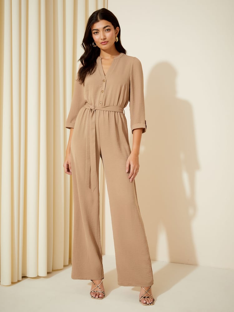 Friends Like These Stone Cream 3/4 Sleeve Belted Woven Wide Leg Jumpsuit - Image 1 of 4