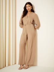 Friends Like These Stone Cream 3/4 Sleeve Belted Woven Wide Leg Jumpsuit - Image 3 of 4