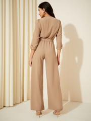 Friends Like These Stone Cream 3/4 Sleeve Belted Woven Wide Leg Jumpsuit - Image 4 of 4