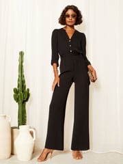 Friends Like These Black 3/4 Sleeve Belted Woven Wide Leg Jumpsuit - Image 1 of 4