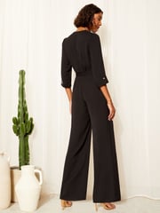 Friends Like These Black 3/4 Sleeve Belted Woven Wide Leg Jumpsuit - Image 2 of 4