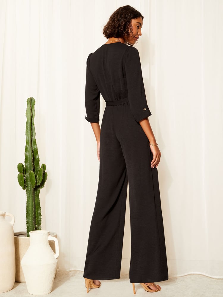 Friends Like These Black 3/4 Sleeve Belted Woven Wide Leg Jumpsuit - Image 2 of 4
