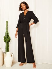 Friends Like These Black 3/4 Sleeve Belted Woven Wide Leg Jumpsuit - Image 3 of 4