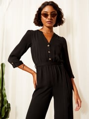 Friends Like These Black 3/4 Sleeve Belted Woven Wide Leg Jumpsuit - Image 4 of 4