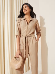 Friends Like These Camel Woven Fabric Belted Waist Jumpsuit - Image 2 of 4