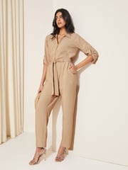 Friends Like These Camel Woven Fabric Belted Waist Jumpsuit - Image 3 of 4