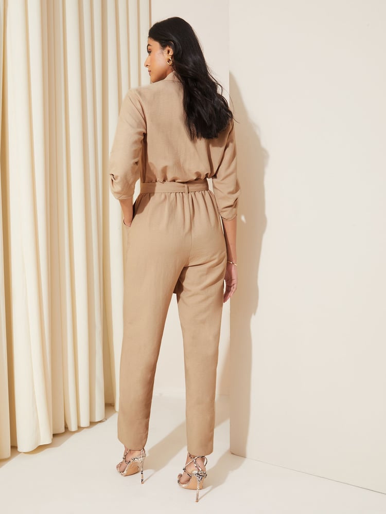 Friends Like These Camel Woven Fabric Belted Waist Jumpsuit - Image 4 of 4