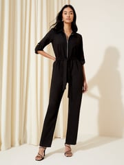 Friends Like These Black Woven Fabric Belted Waist Jumpsuit - Image 1 of 4