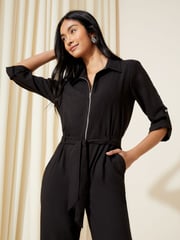 Friends Like These Black Woven Fabric Belted Waist Jumpsuit - Image 4 of 4