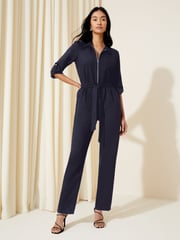 Friends Like These Navy Blue Woven Fabric Belted Waist Jumpsuit - Image 1 of 4