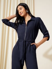 Friends Like These Navy Blue Woven Fabric Belted Waist Jumpsuit - Image 2 of 4