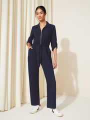 Friends Like These Navy Blue Woven Fabric Belted Waist Jumpsuit - Image 3 of 4