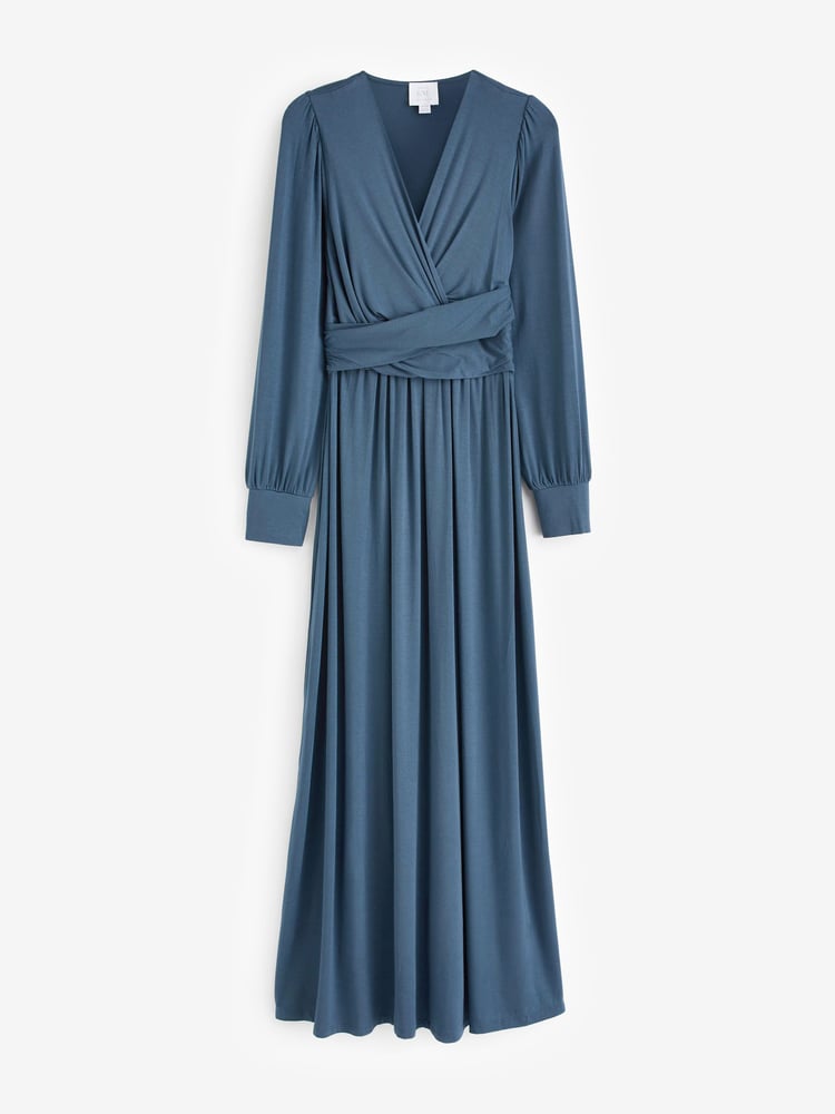 Seraphine Blue Winter Twist Front Maternity Maxi with Blouson Sleeve - Image 11 of 11