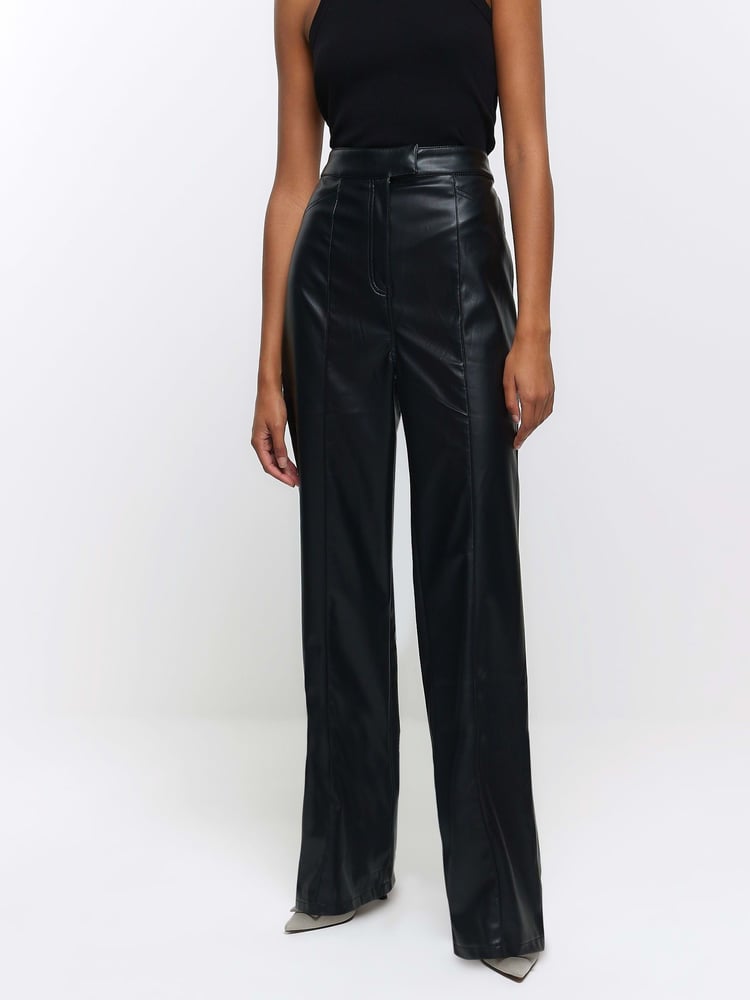 River Island Black High Rise Straight Leg Coated Trousers - Image 1 of 5