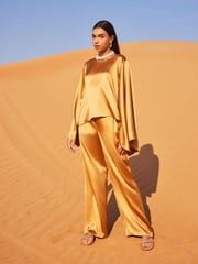 Gold Satin Elasticated Wide Leg Trousers - Image 1 of 6