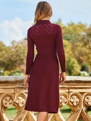 Sosandar Burgundy Red Knit Fit and Flare Dress With Lace Detail - Image 2 of 5
