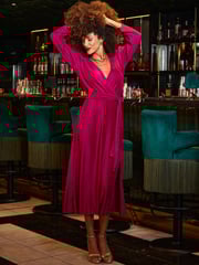 Sosandar Red Plisse Faux Fur Wrap Midi Dress - Image 1 of 4