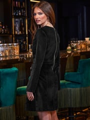 Sosandar Black Velvet Fit and Flare Dress With Button Pocket Detail - Image 4 of 5
