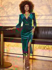 Sosandar Green Velvet Faux Wrap Midi Dress With Belt - Image 1 of 5