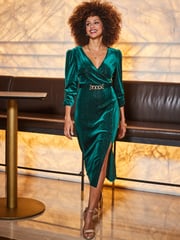 Sosandar Green Velvet Faux Wrap Midi Dress With Belt - Image 3 of 5