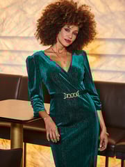Sosandar Green Velvet Faux Wrap Midi Dress With Belt - Image 5 of 5