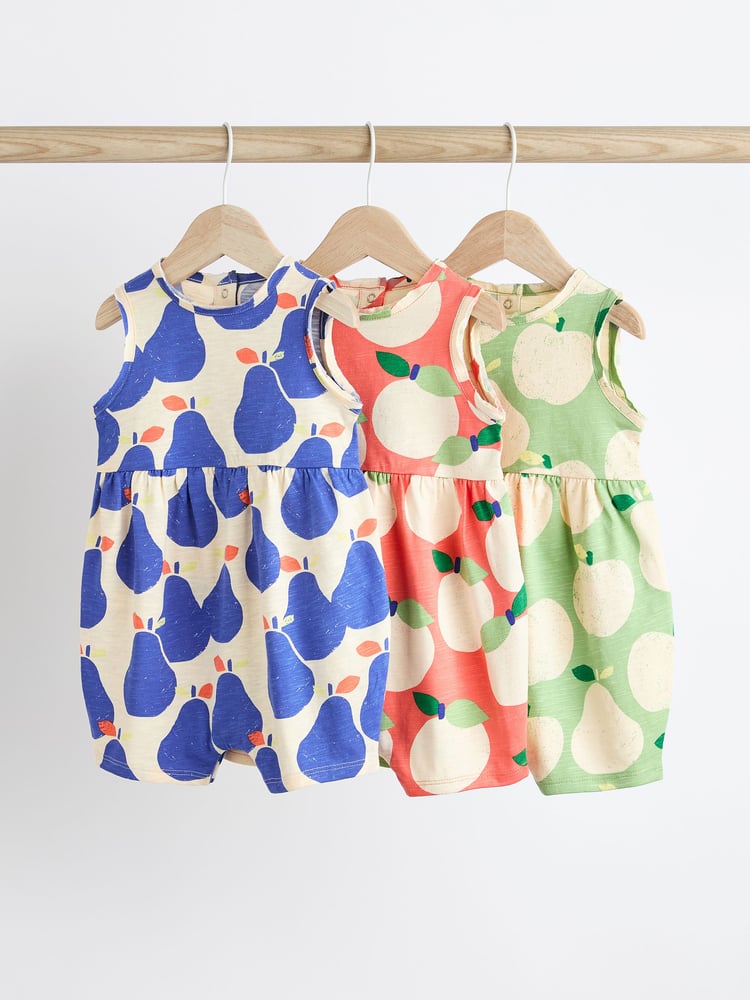 Bright Blue/Green/Orange Fruit Baby Vest Rompers 3 Pack - Image 1 of 7