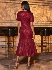 Sosandar Red Sequin Fit and Flare Puff Sleeve Midi Dress - Image 2 of 5