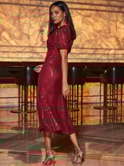 Sosandar Red Sequin Fit and Flare Puff Sleeve Midi Dress - Image 3 of 5
