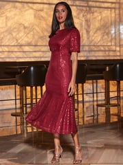 Sosandar Red Sequin Fit and Flare Puff Sleeve Midi Dress - Image 4 of 5
