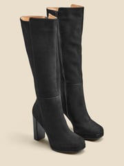 Sosandar Black Nubuck Leather Platform Block Heel Knee High Boots - Image 2 of 4