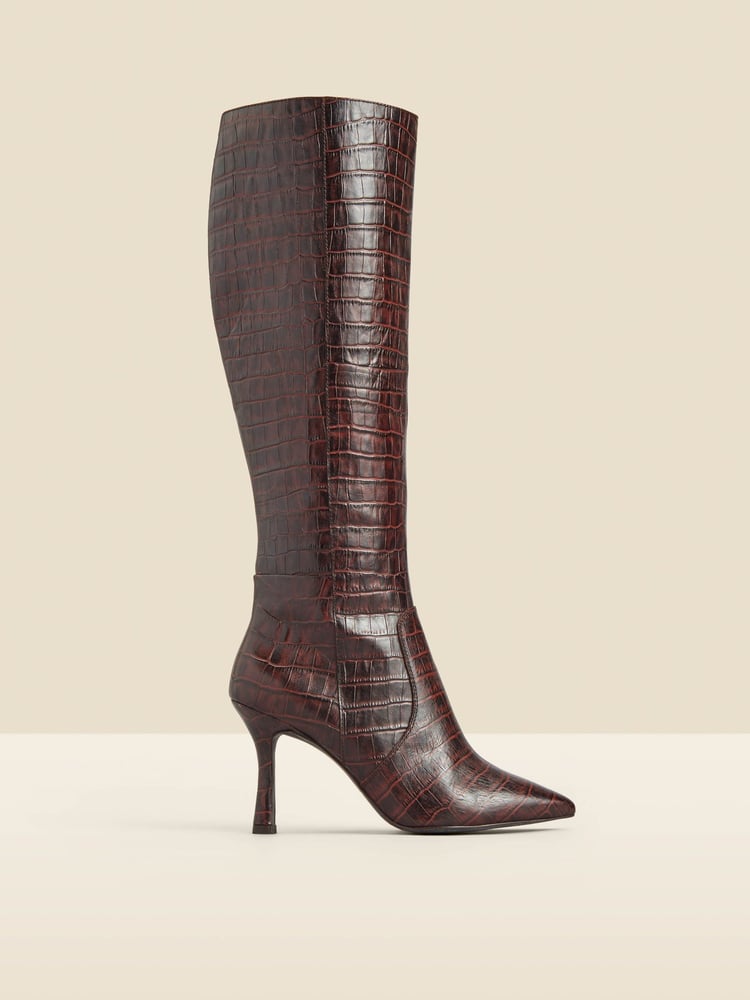 Sosandar Brown Croc Effect Leather Knee High Boots - Image 1 of 5